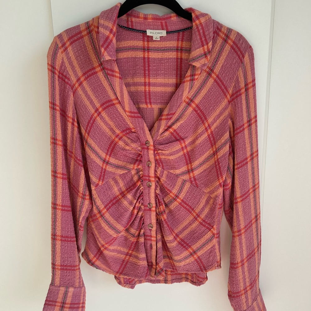 Anthropologie Pilcro Women's Pink and Orange Plaid Button Down Shirt